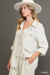 Umgee Linen Blend Fitted Shirt with Ribbon Embroidery Details - Trendsi - Flyclothing LLC