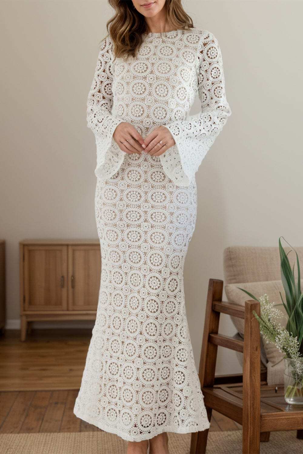 Lace Backless Round Neck Flare Sleeve Dress - Trendsi - Flyclothing LLC