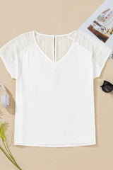 Lace Crochet Textured Button Back V Neck T Shirt - Trendsi - Flyclothing LLC