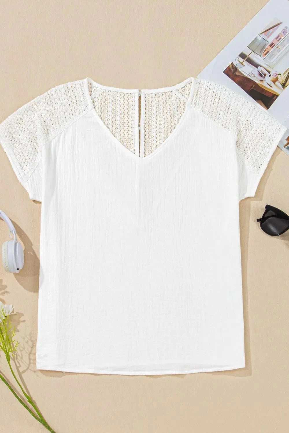 Lace Crochet Textured Button Back V Neck T Shirt - Trendsi - Flyclothing LLC