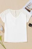 Lace Crochet Textured Button Back V Neck T Shirt - Trendsi - Flyclothing LLC