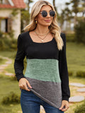 Color Block Square Neck Long Sleeve T-Shirt - Trendsi