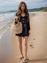 Lace V-Neck Three-Quarter Sleeve Cover Up - Trendsi - Flyclothing LLC