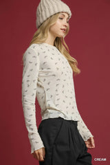 Umgee Bow Print Lightweight Knit Top - Trendsi - Flyclothing LLC