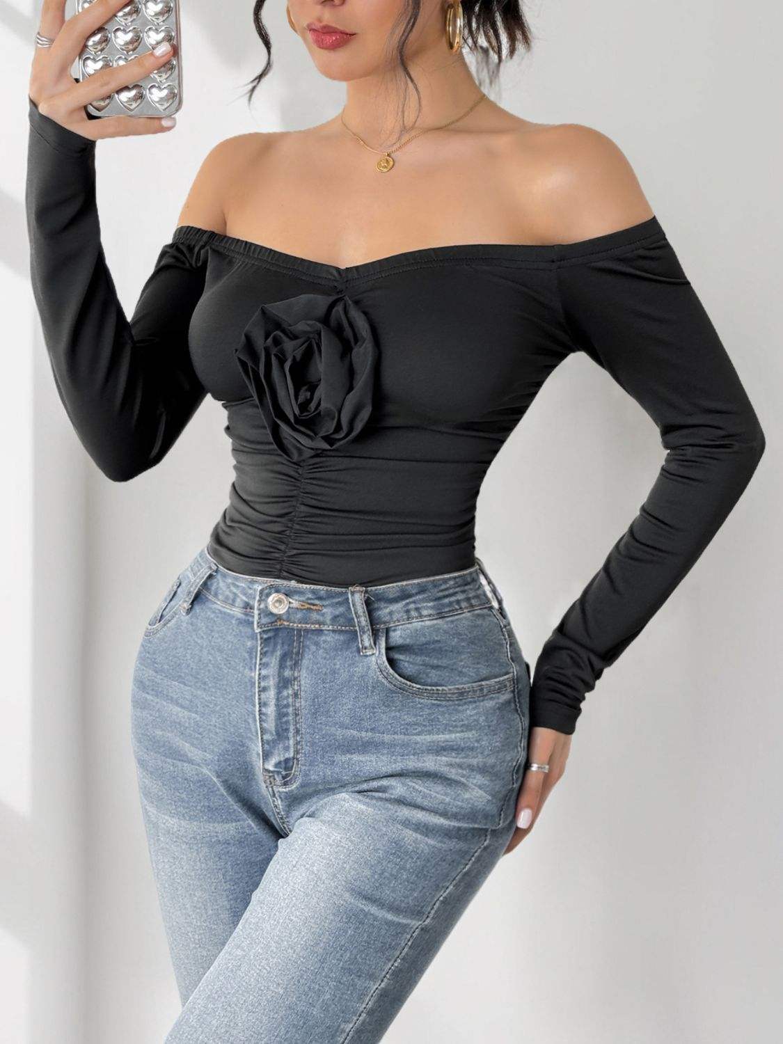 Perfee Ruched Flower Off-Shoulder Long Sleeve Bodysuit - Trendsi - Flyclothing LLC