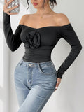 Perfee Ruched Flower Off-Shoulder Long Sleeve Bodysuit - Trendsi