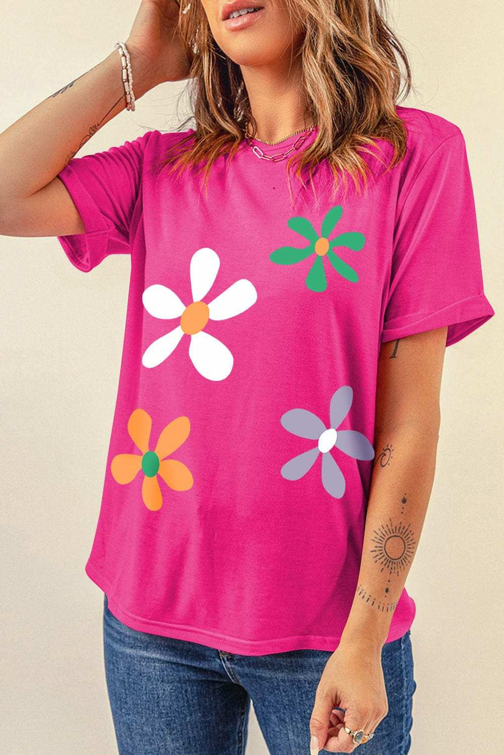 Flower Round Neck Short Sleeve T-Shirt - Trendsi - Flyclothing LLC