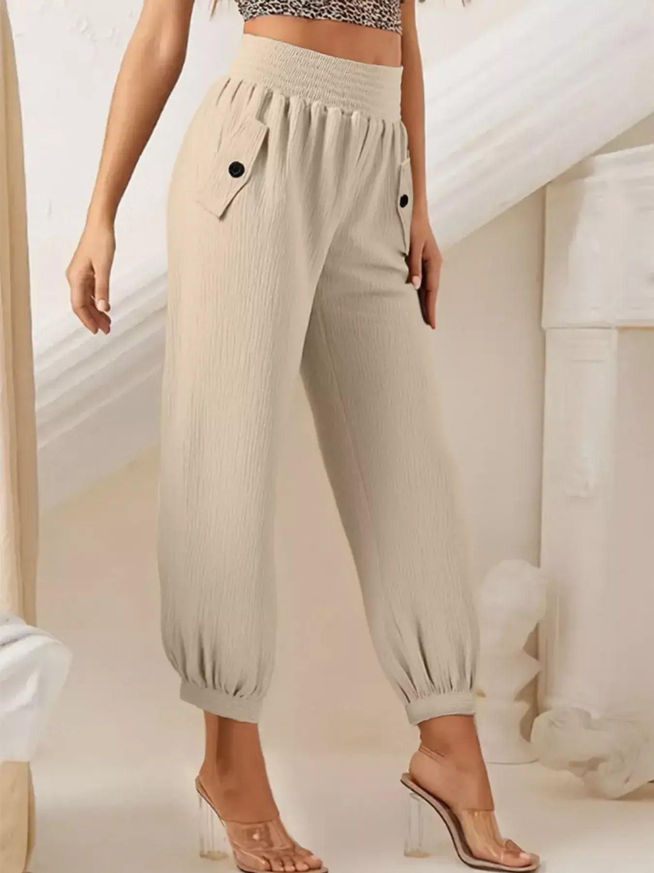 Smocked Textured Casual Pants - Trendsi - Flyclothing LLC