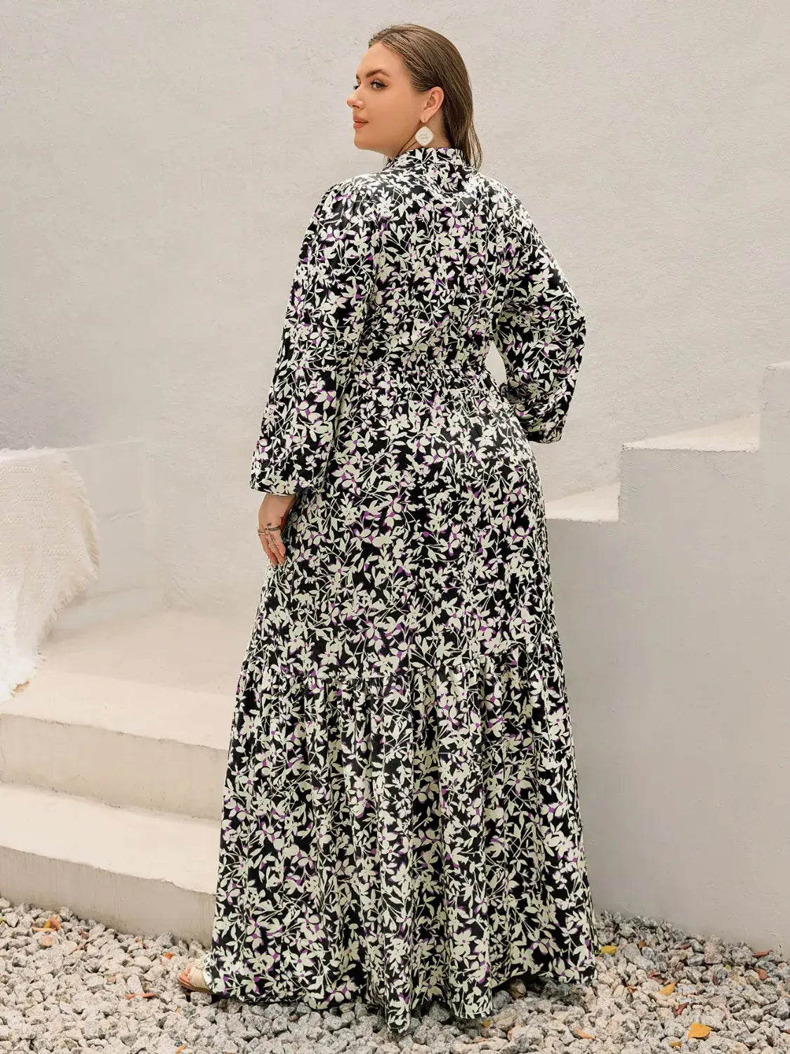 Plus Size Floral Print Long Sleeve Tiered Maxi Dress - Trendsi - Flyclothing LLC