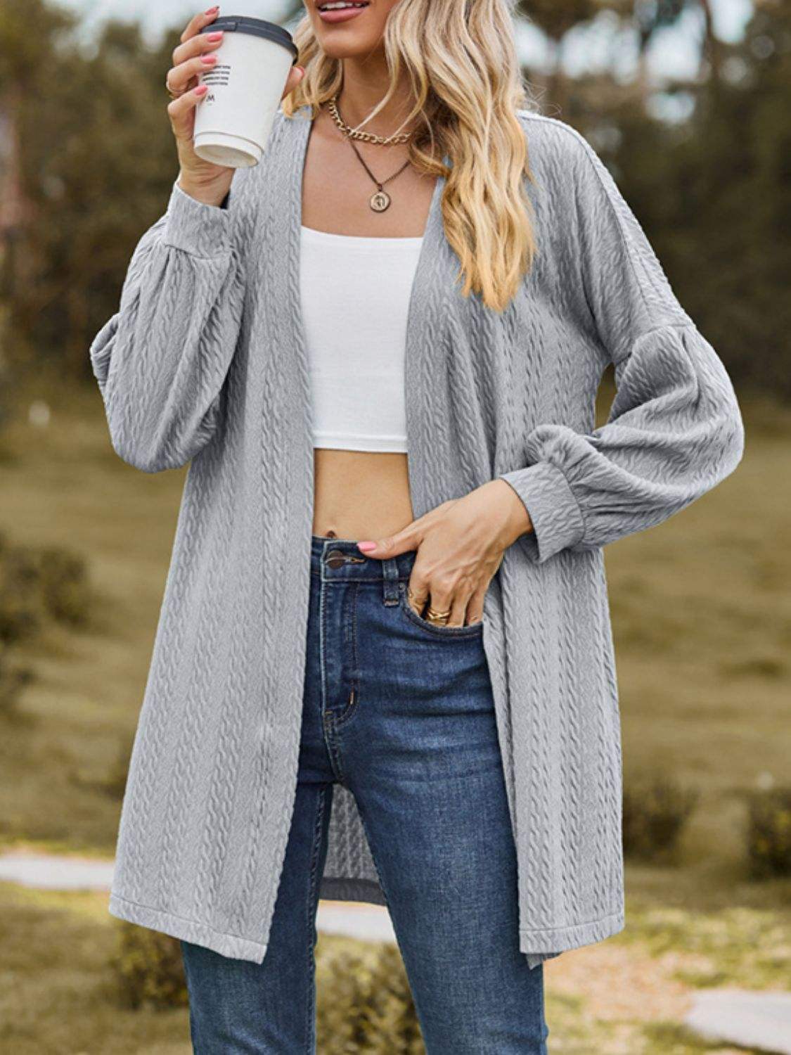 Textured Open Front Dropped Shoulder Cardigan - Trendsi - Flyclothing LLC