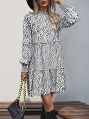 Frill Printed Mock Neck Long Sleeve Mini Dress - Trendsi