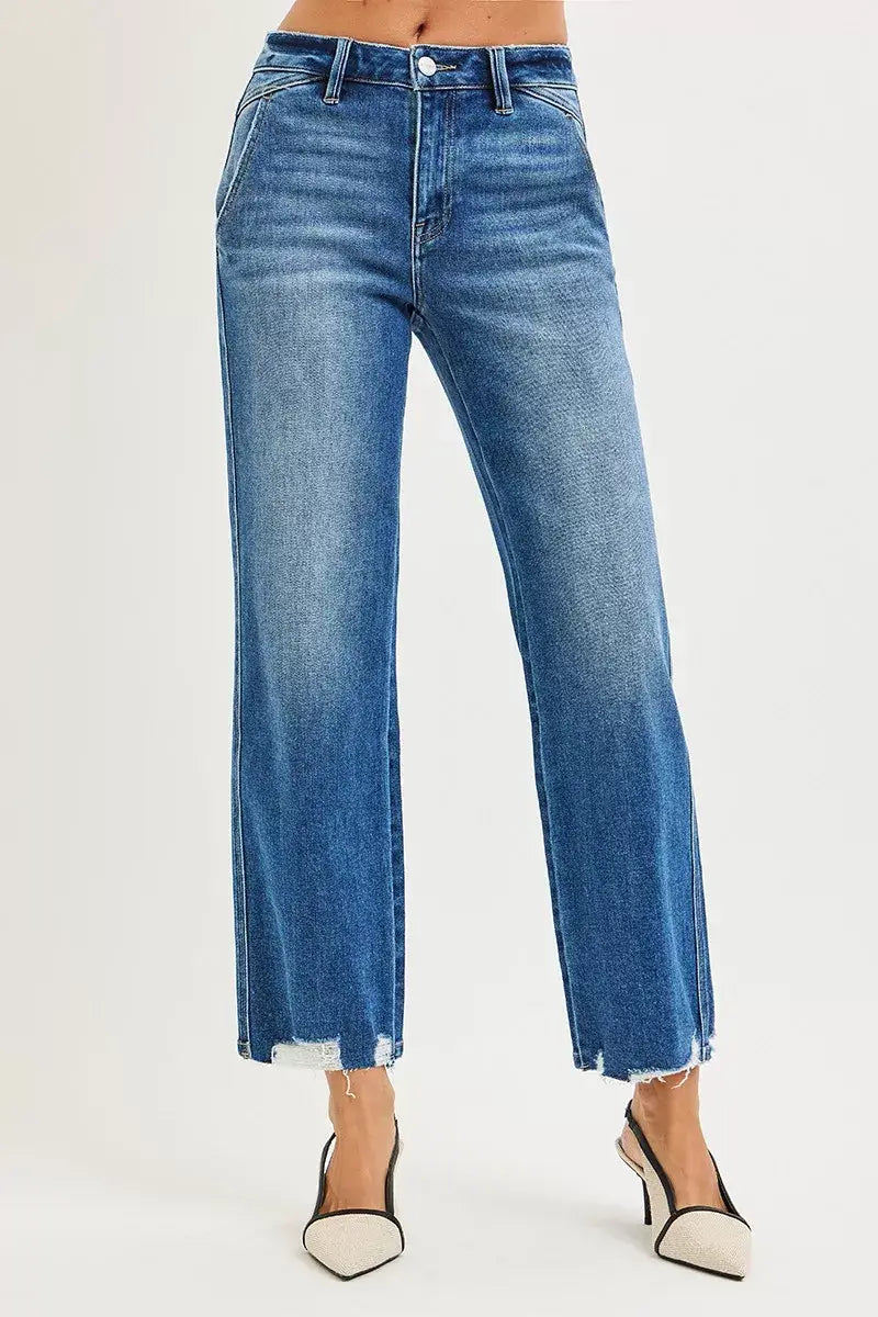 RISEN High Rise Ankle Straight Distressed Hem Detail Jeans - Trendsi - Flyclothing LLC