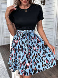 Tied Front Contrast Leopard Short Sleeve Mini Dress - Trendsi - Flyclothing LLC