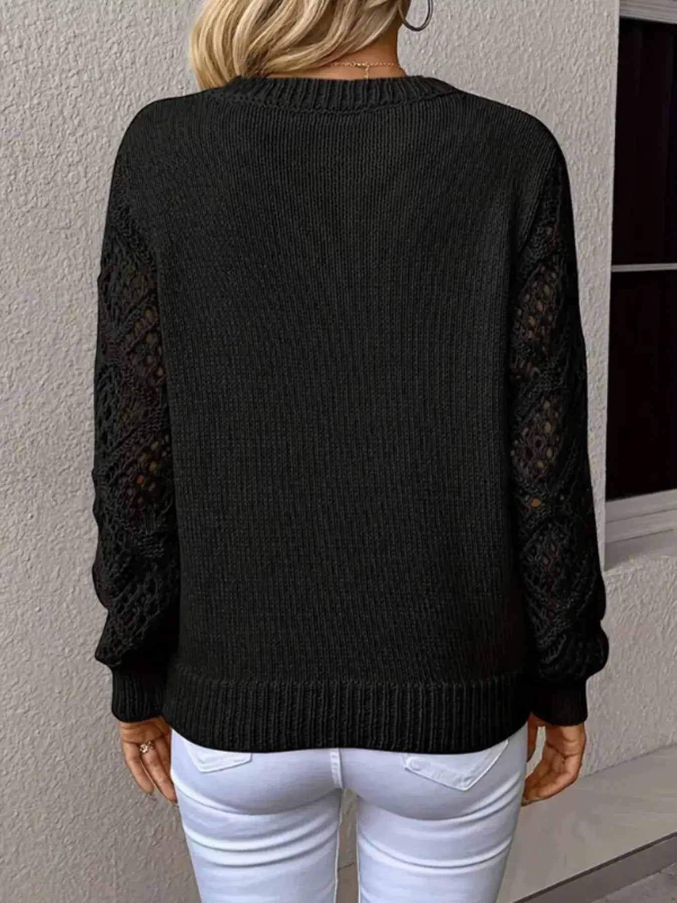 V-Neck Crochet Sleeve Sweater - Trendsi - Flyclothing LLC