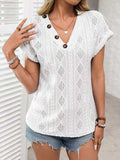 Openwork V-Neck Short Sleeve T-Shirt - Trendsi - Flyclothing LLC