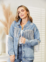 Fringe Detail Long Sleeve Denim Jacket - Trendsi - Flyclothing LLC