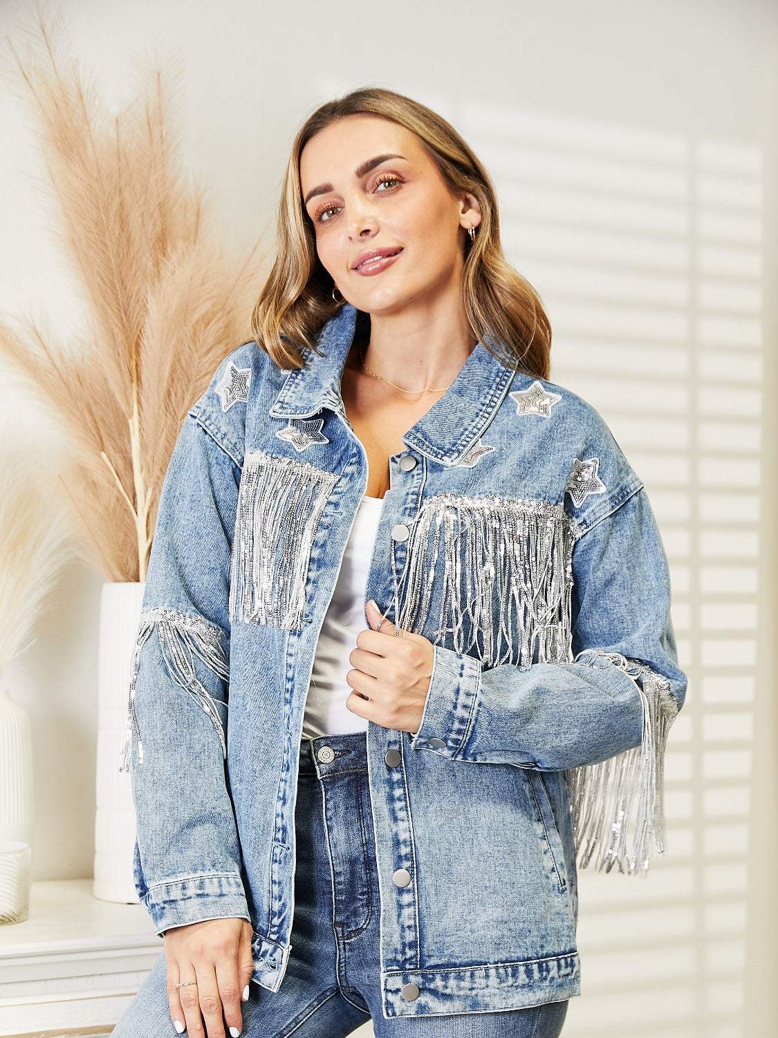 Fringe Detail Long Sleeve Denim Jacket - Trendsi - Flyclothing LLC
