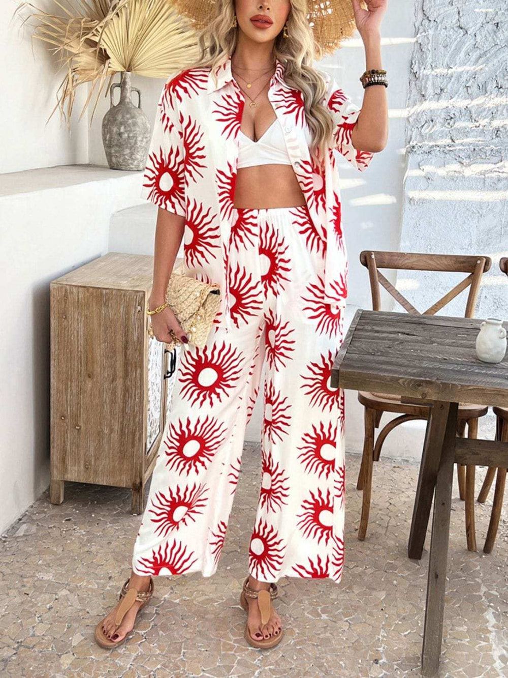 Devine Printed Collared Neck Half Sleeve Top and Pants Set - Trendsi - Flyclothing LLC