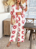 Devine Printed Collared Neck Half Sleeve Top and Pants Set - Trendsi - Flyclothing LLC