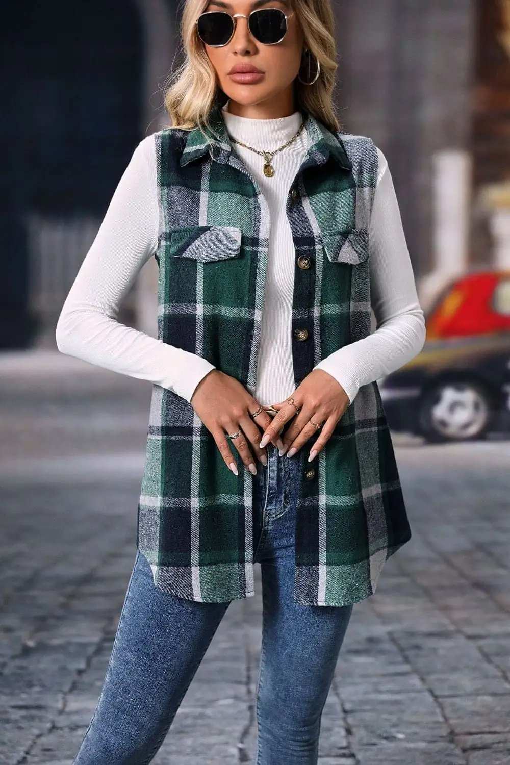 Plaid Button Up Vest Coat - Trendsi - Flyclothing LLC