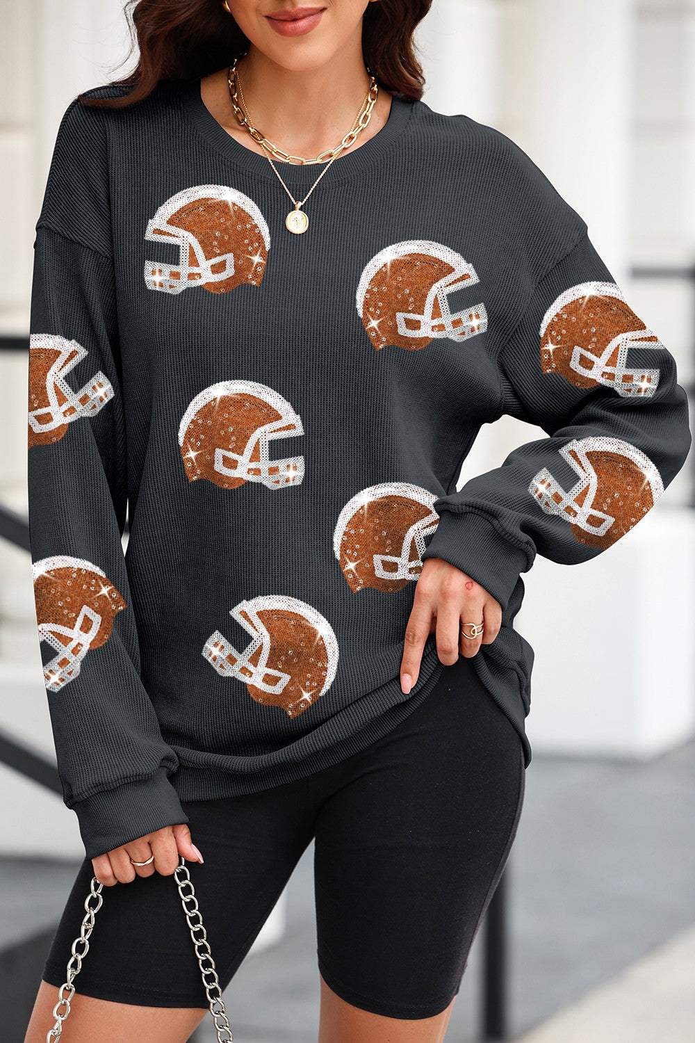 Sequin Helmet Round Neck Long Sleeve Sweatshirt - Trendsi - Flyclothing LLC
