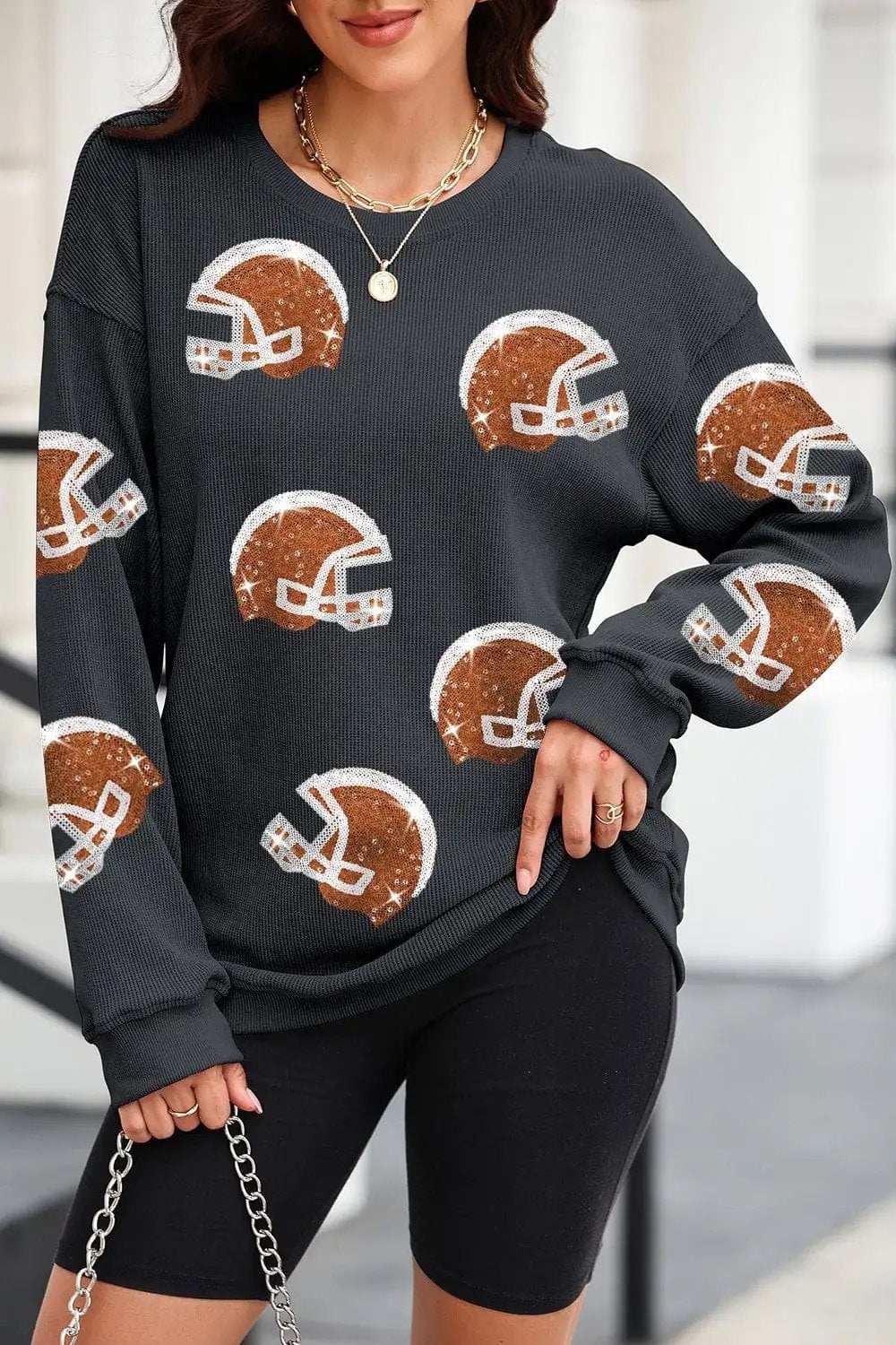 Sequin Helmet Round Neck Long Sleeve Sweatshirt - Trendsi - Flyclothing LLC