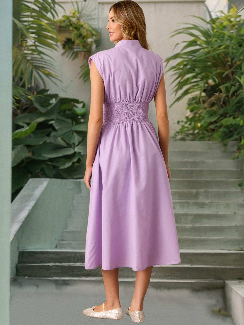 Smocked Zip Front Cap Sleeve Dress - Trendsi - Flyclothing LLC