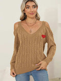 Cable-Knit Heart V-Neck Sweater - Trendsi - Flyclothing LLC