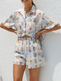 Printed Button Down Short Sleeve Top and Shorts Set - Trendsi - Flyclothing LLC