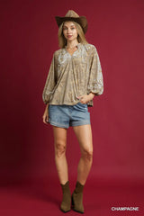 Umgee Floral Velvet Blouse with Balloon Sleeves - Trendsi - Flyclothing LLC