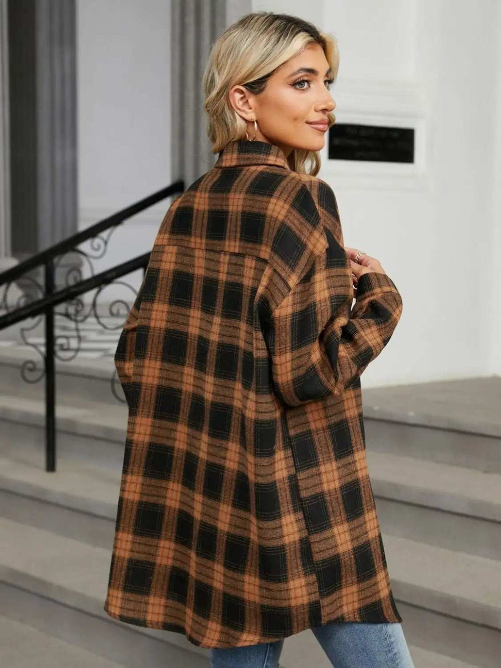 Plaid Collared Neck Long Sleeve Shirt - Trendsi - Flyclothing LLC