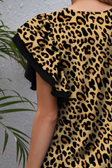 Leopard Round Neck Flounce Sleeve Blouse