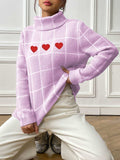 Heart Plaid Turtleneck Long Sleeve Sweater - Trendsi - Flyclothing LLC