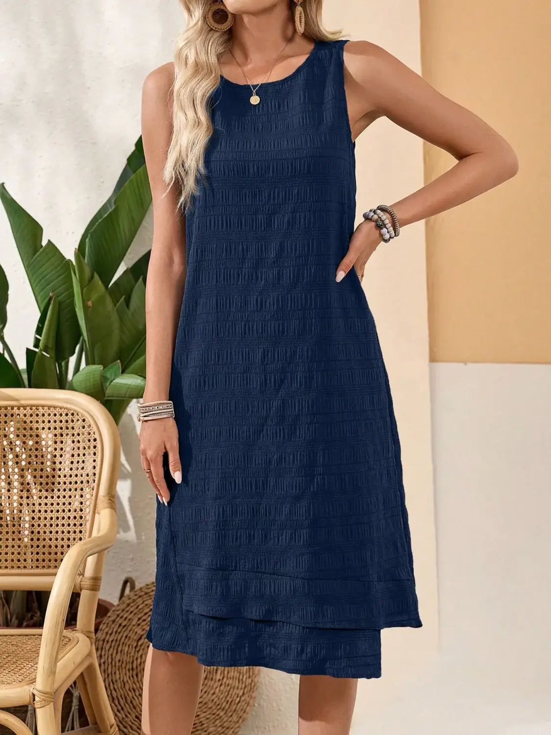 Ruffled Textured Round Neck Sleeveless Dress - Trendsi - Flyclothing LLC