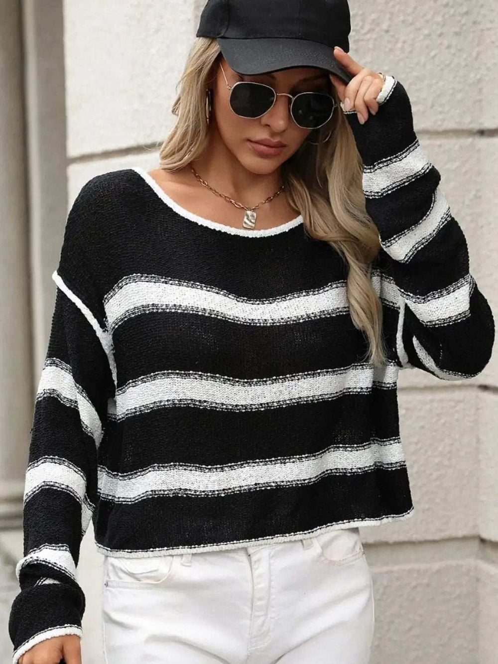 Striped Round Neck Long Sleeve Sweater - Trendsi - Flyclothing LLC