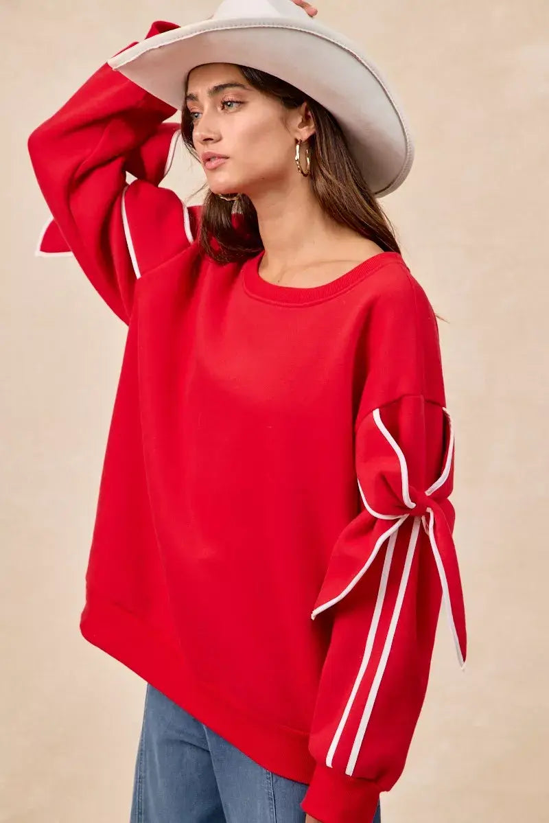 BiBi Bow Detail Sleeves Fleece Sweatshirt - Trendsi - Flyclothing LLC