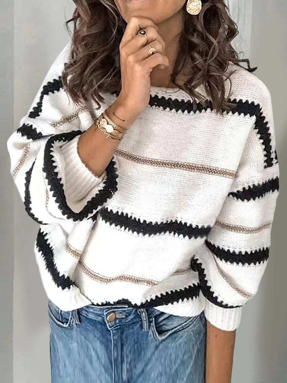 Contrast Striped Round Neck Long Sleeve Sweater - Trendsi - Flyclothing LLC