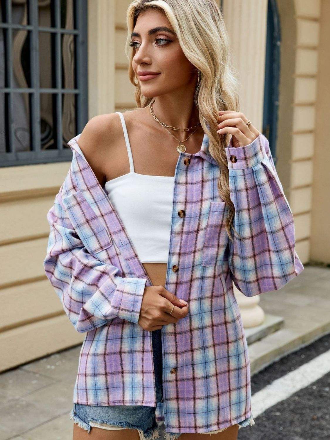 Plaid Collared Neck Long Sleeve Shirt - Trendsi - Flyclothing LLC