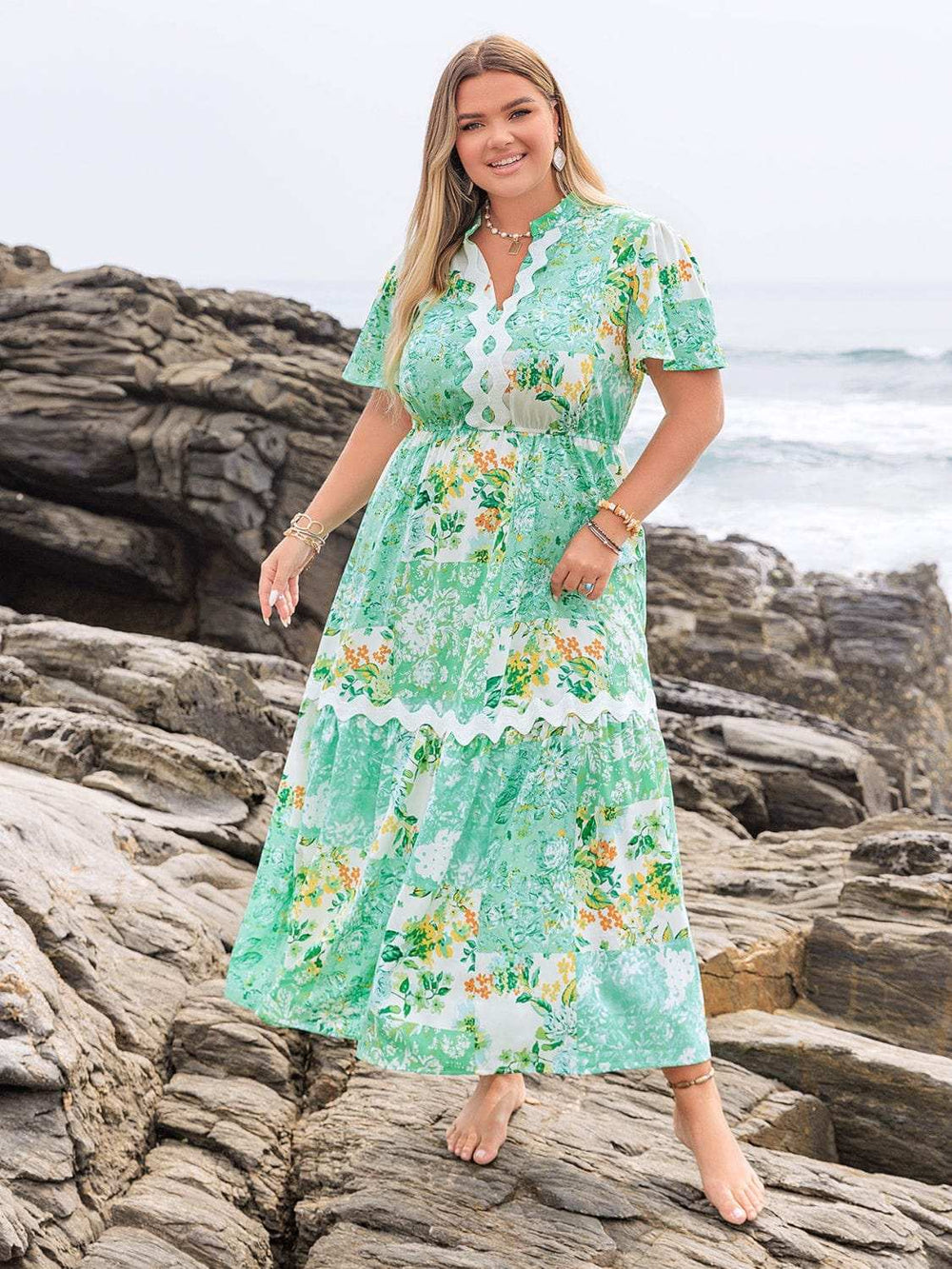 Plus Size Printed Notched Short Sleeve Maxi Dress - Trendsi - Flyclothing LLC