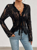 Tied V-Neck Long Sleeve Lace Top - Trendsi - Flyclothing LLC