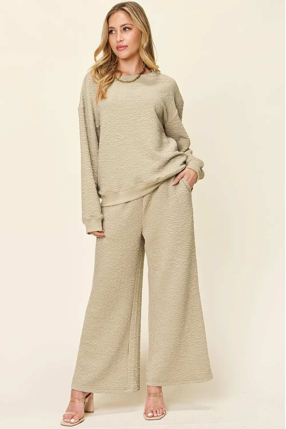 Double Take Full Size Texture Long Sleeve Top and Pants Set - Trendsi - Flyclothing LLC
