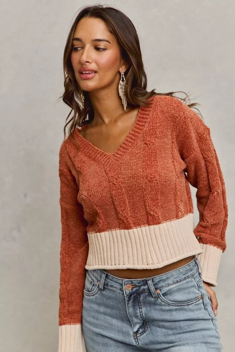 SO ME Chenille Cable Knit V Neck Contrast Cropped Sweater - Trendsi - Flyclothing LLC
