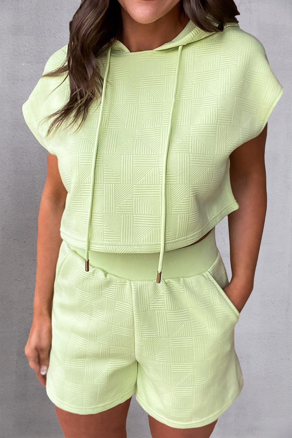 Textured Drawstring Hoodie and Shorts Set - Trendsi