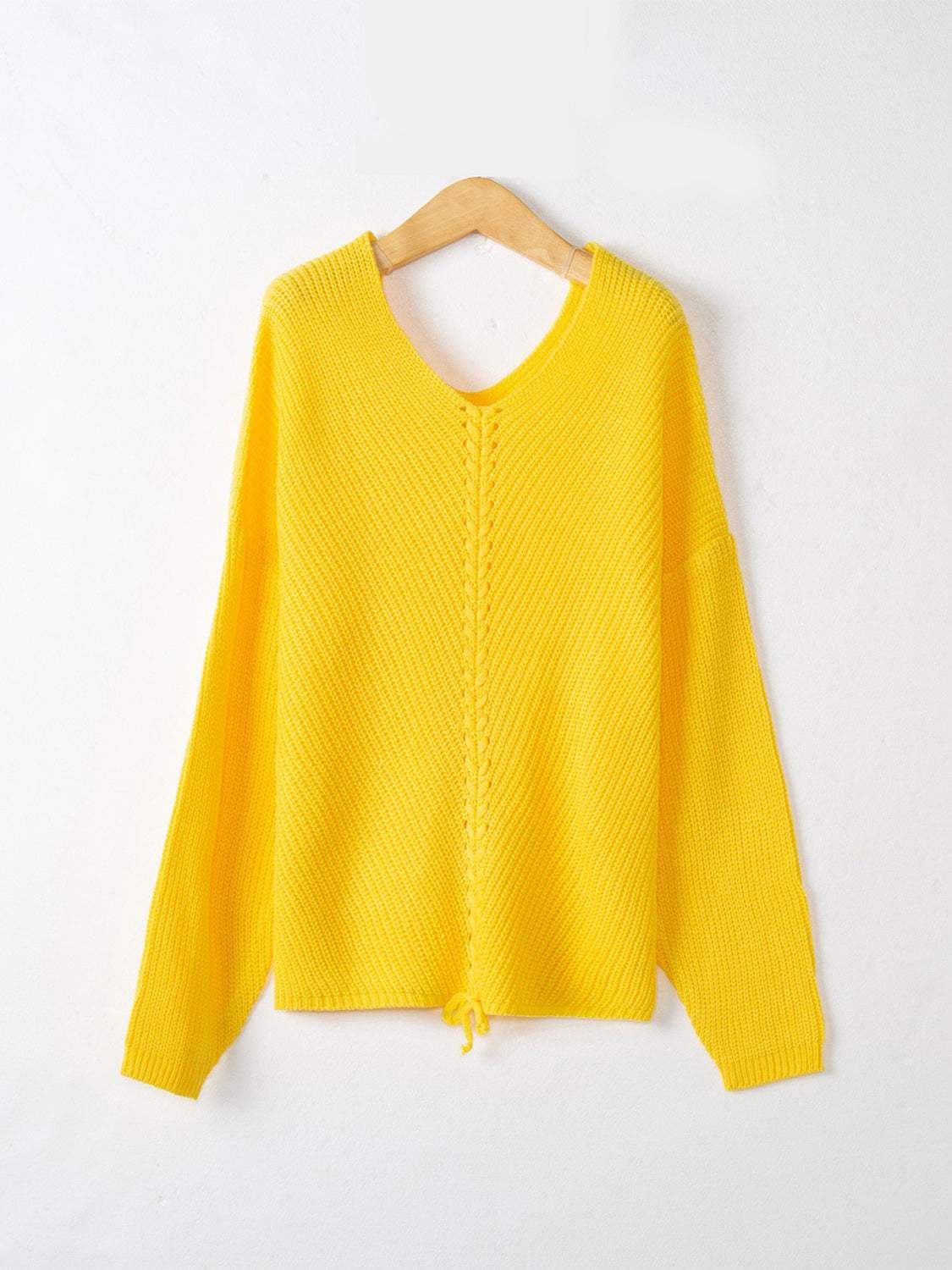 Full Size Lace Up V-Neck Long Sleeve Sweater - Trendsi - Flyclothing LLC