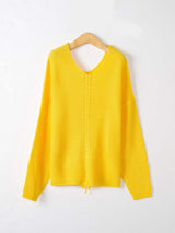 Full Size Lace Up V-Neck Long Sleeve Sweater - Trendsi - Flyclothing LLC