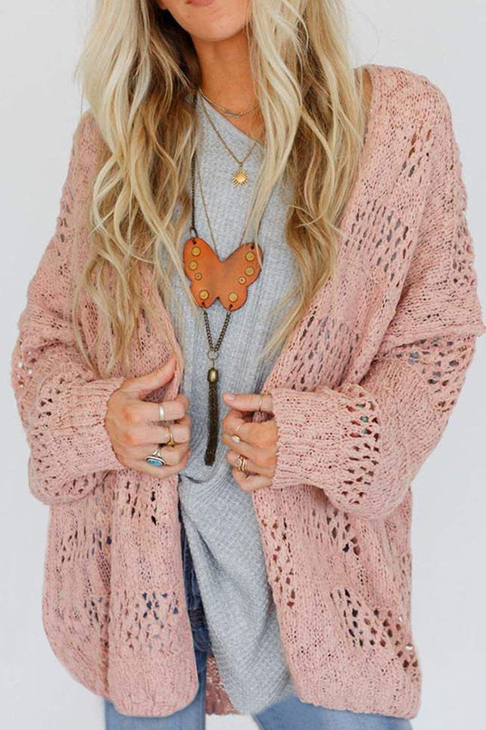 Openwork Open Front Long Sleeve Cardigan - Trendsi - Flyclothing LLC