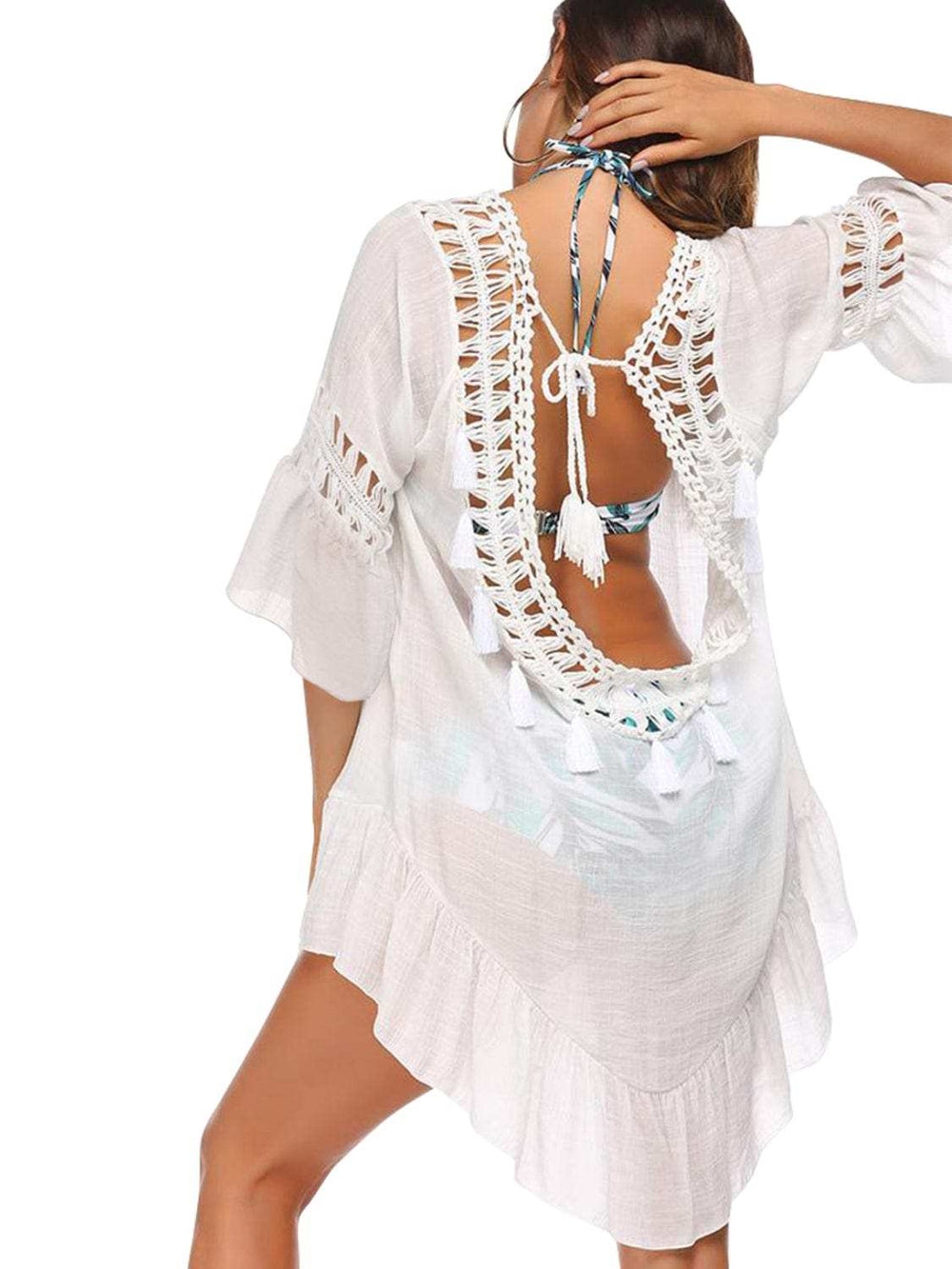Backless Cutout Three-Quarter Sleeve Cover Up - Trendsi - Flyclothing LLC