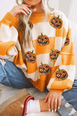 Pumpkin Checkered Round Neck Long Sleeve Sweater - Trendsi - Flyclothing LLC