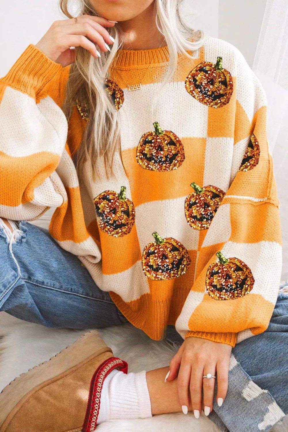 Pumpkin Checkered Round Neck Long Sleeve Sweater - Trendsi - Flyclothing LLC