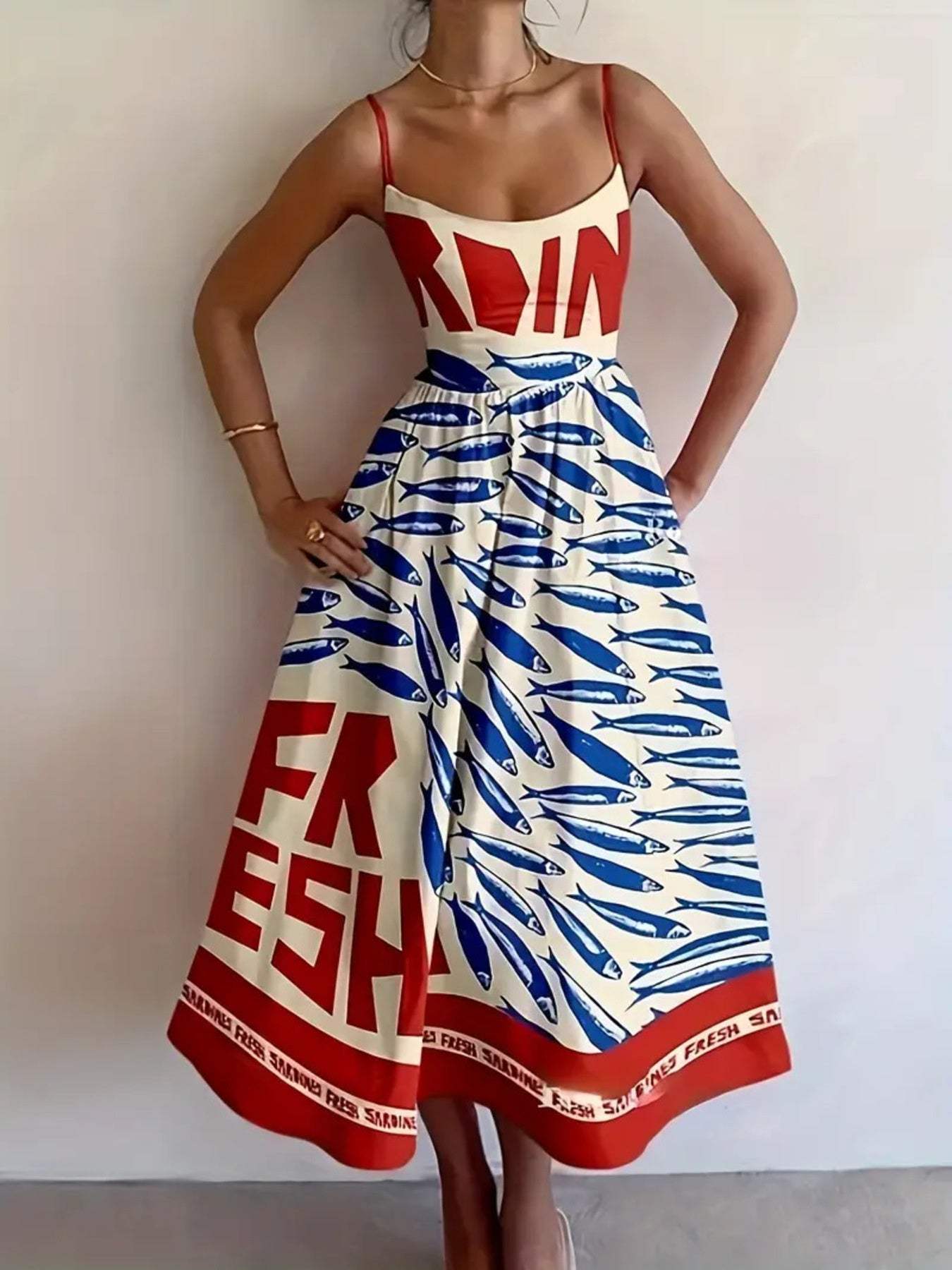 Sardine Print Spaghetti Strap Midi Dress - Trendsi - Flyclothing LLC
